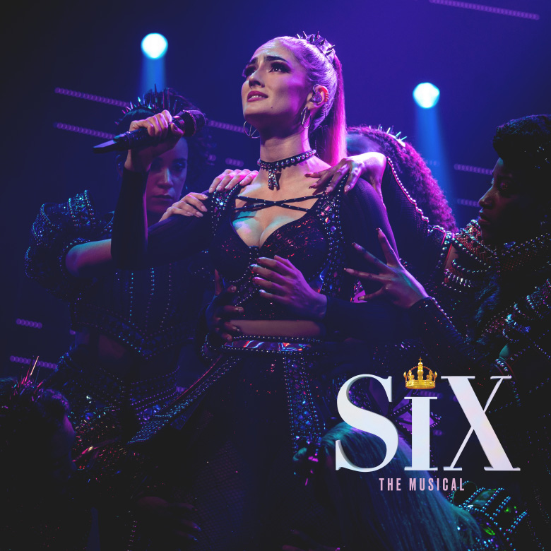 Six: The musical cast on stage with logo
